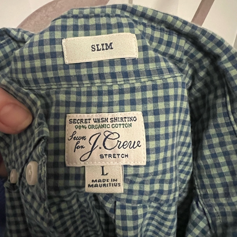J. Crew Slim Secret Wash stretch organic cotton gingham shirt blue green large L - Picture 3 of 5